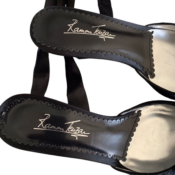 RAMON TENZA BLACK SATIN POINTY TOE KITTEN HEEL SHOE WITH ANKLE RIBBON - Picture 6 of 15